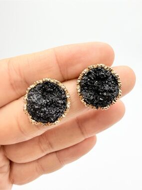Black Druzy Style Round Stud Earrings Gold Tone Statement Earrings